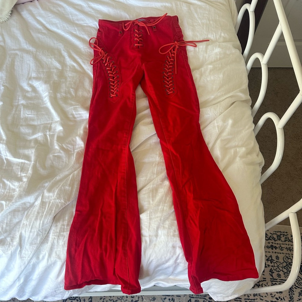 Edikted red lace up pants size medium